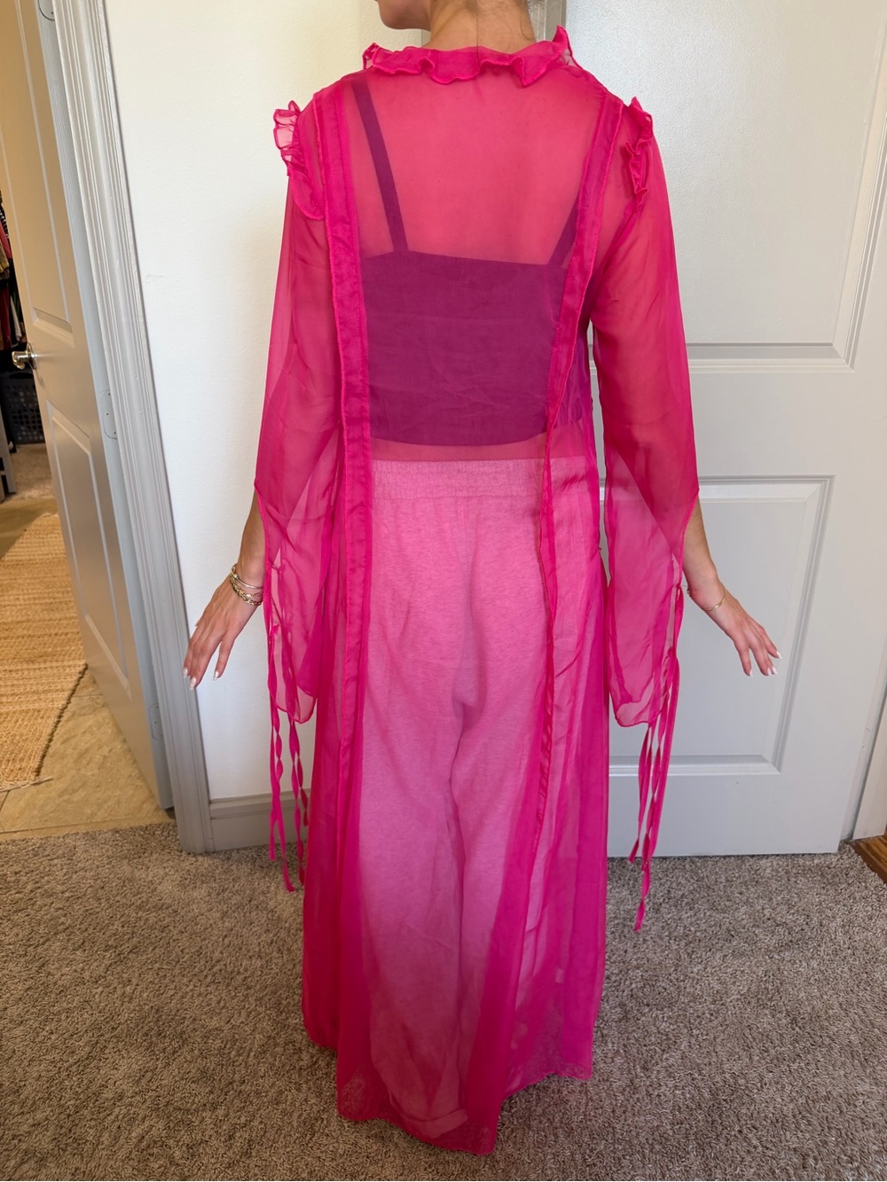 Sheer Ruffle-Trim Robe Cover-Up in Hot Pink - Picture 2 of 2